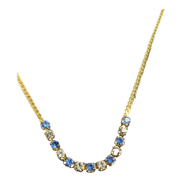Vintage Blue & Clear Rhinestone Necklace Collar Gold Tone Chain Shiny 18.5 in - Picture 6 of 6
